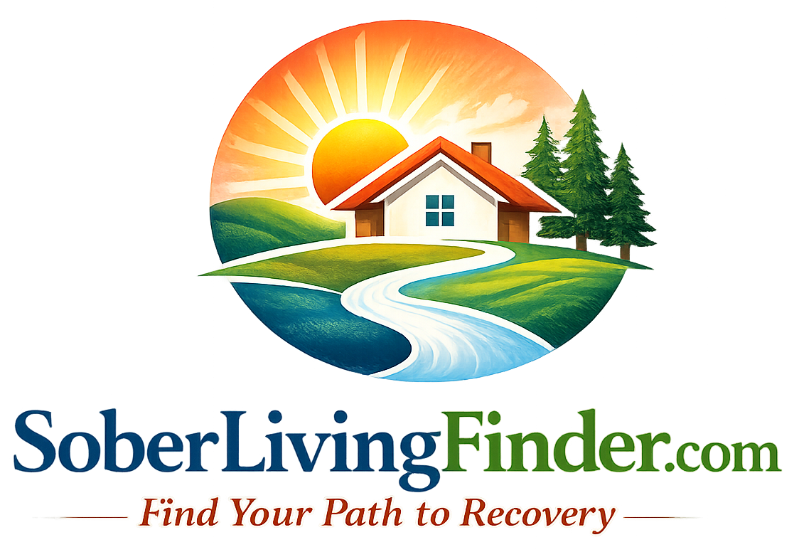 Sober Living Finder logo featuring a recovery home, winding path, river, sunrise, and trees representing the journey to addiction recovery and sober living.